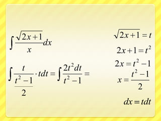 2x 1                  2x 1 t
             dx                     2
         x                    2x 1 t
                                   2
        t               2
                      2t dt   2x t 1
                                  2
    2
                tdt    2         t 1
t           1         t 1      x
                                    2
        2
                               dx tdt
 