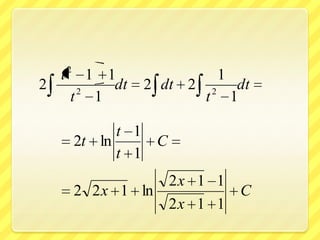 2
    t      1 1                       1
2        2
              dt    2 dt 2       2
                                          dt
        t 1                  t           1

                  t 1
            2t ln     C
                  t 1
                       2x 1 1
            2 2 x 1 ln        C
                       2x 1 1
 