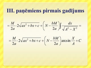 III. paņēmiens pirmais gadījums

 M      2              bM     dx
    2 ax bx c      N
 2a                    2a    A2    X2

  M                    bM        X
     2 ax 2 bx c   N      arcsin        C
  2a                   2a        A
 