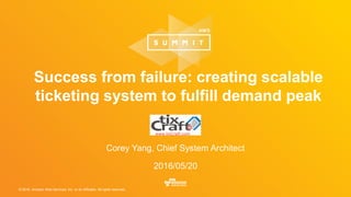 © 2016, Amazon Web Services, Inc. or its Affiliates. All rights reserved.
Success from failure: creating scalable
ticketing system to fulfill demand peak
Corey Yang, Chief System Architect
2016/05/20
 