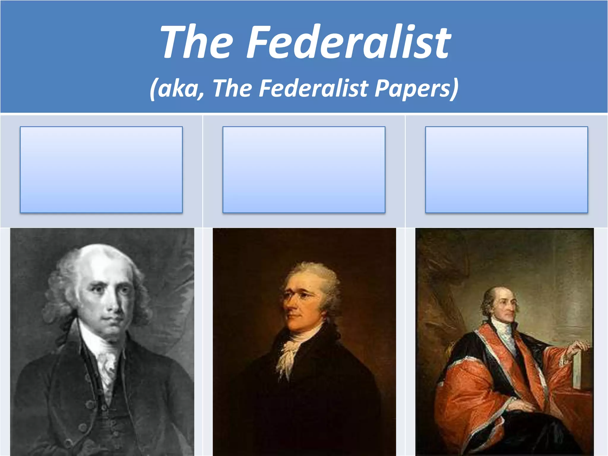 The Federalist
(aka, The Federalist Papers)
James
Madison
Alexander
Hamilton
John
Jay
 