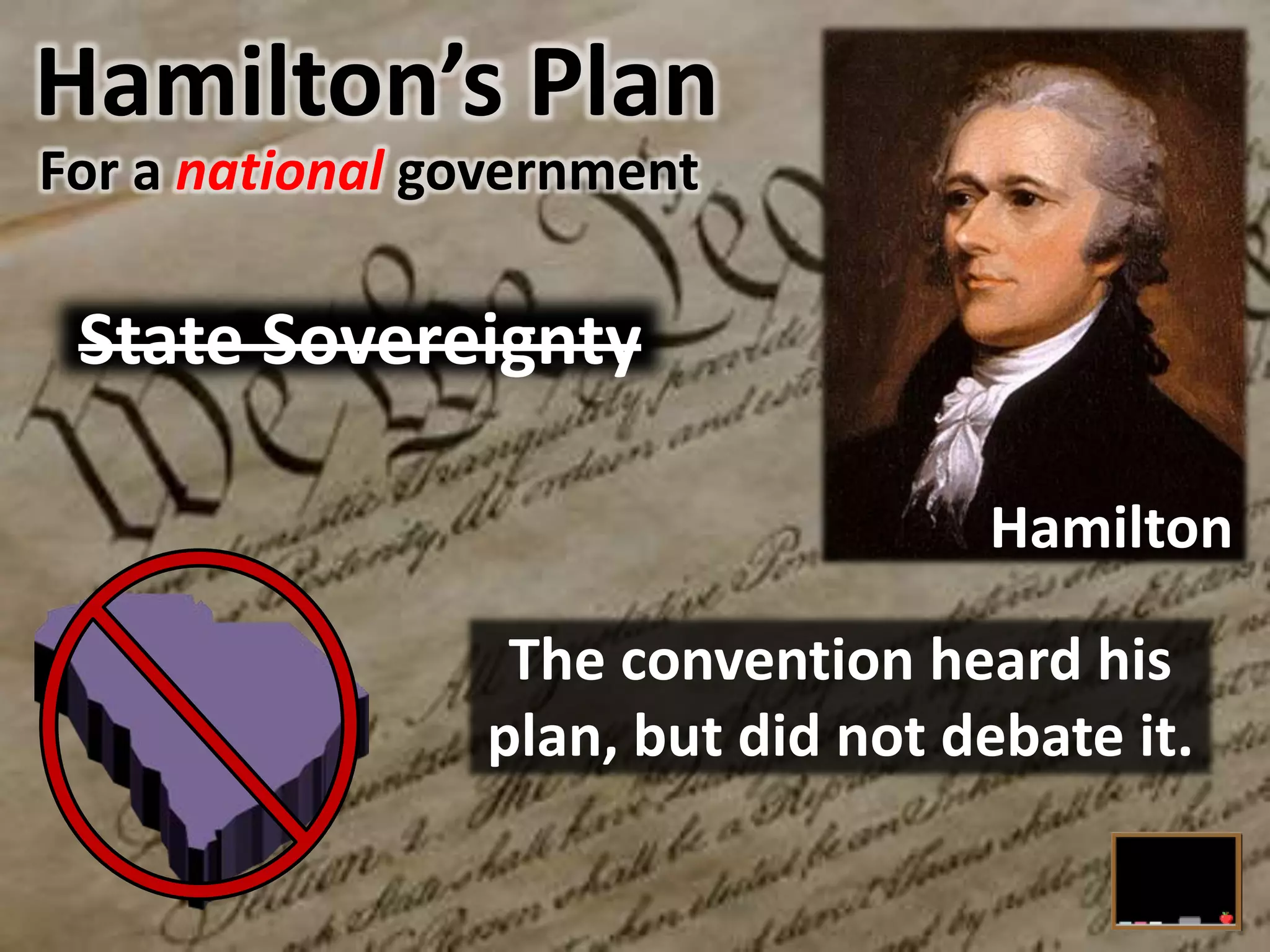 Hamilton’s Plan
The convention heard his
plan, but did not debate it.
For a national government
Hamilton
State Sovereignty
 