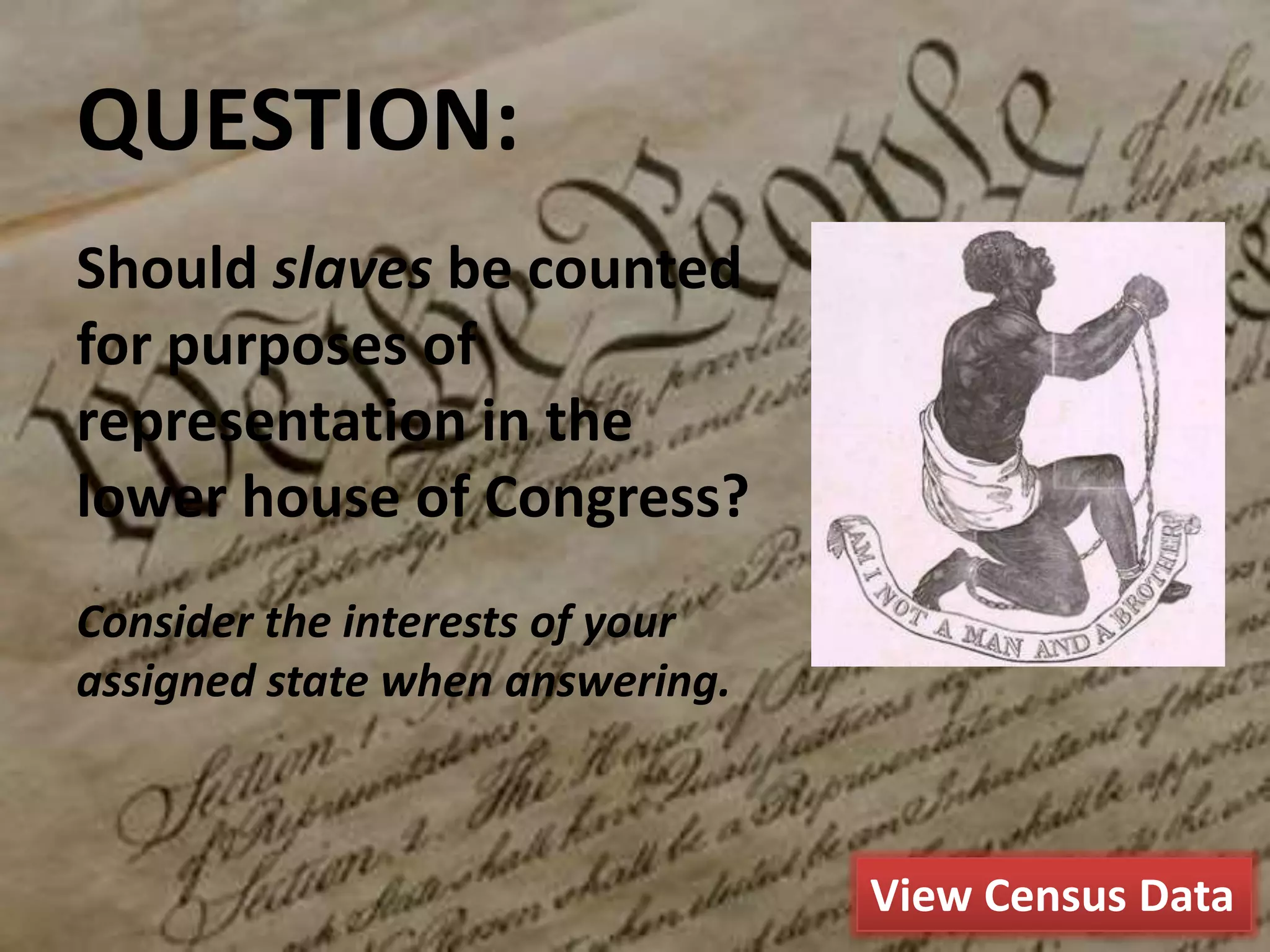 QUESTION:
Should slaves be counted
for purposes of
representation in the
lower house of Congress?
Consider the interests of your
assigned state when answering.
View Census Data
 