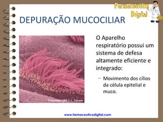 DEPURAÇÃO MUCOCILIAR
                          O Aparelho
                          respiratório possui um
                          sistema de defesa
                          altamente eficiente e
                          integrado:
                           – Movimento dos cílios
                             da célula epitelial e
                             muco.



        www.farmaceuticodigital.com
 