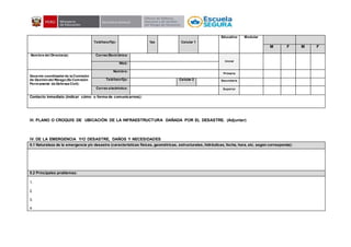 TeléfonoFijo: fax Celular 1
Educativo Modular
M F M F
Nombre del Director(a): Correo Electrónico:
Inicial
Web:
Docente coordinador de la Comisión
de Gestióndel Riesgo(Ex Comisión
Permanente de Defensa Civil):
Nombre:
Primaria
Teléfonofijo: Celular 2 Secundaria
Correo electrónico: Superior
Contacto inmediato (indicar cómo o forma de comunicarnos):
III. PLANO O CROQUIS DE UBICACIÓN DE LA INFRAESTRUCTURA DAÑADA POR EL DESASTRE. (Adjuntar)
IV. DE LA EMERGENCIA Y/O DESASTRE, DAÑOS Y NECESIDADES
5.1 Naturaleza de la emergencia y/o desastre (características físicas, geométricas, estructurales, hidráulicas, fecha, hora, etc. según corresponda):
5.2 Principales problemas:
1.
2.
3.
4.
 
