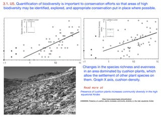 3.1. U5. Quantiﬁcation of biodiversity is important to conservation eﬀorts so that areas of high
biodiversity may be identiﬁed, explored, and appropriate conservation put in place where possible.
Changes in the species richness and evenness
in an area dominated by cushion plants, which
allow the settlement of other plant species on
them. Graph X axis, cushion density.

Read more at
Presence of cushion plants increases community diversity in the high
equatorial Andes
https://www.researchgate.net/publication/
248908090_Presence_of_cushion_plants_increases_community_diversity_in_the_high_equatorial_Andes
 