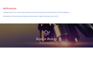 References
Andrew, Davis, et al. Pearson Baccaularete Environmental Systems And Socieities For The Ib Diploma.
Rutherford, Jill. Environmental Systems and Societies. Oxford University Press, 2015.
 