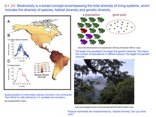 3.1. U1. Biodiversity is a broad concept encompassing the total diversity of living systems, which
includes the diversity of species, habitat diversity and genetic diversity.
Spatial gradient of mammalian species richness in the continental
New World for cells deﬁned by 2.5' parallels and meridians.
jstor.org/stable/30033777?seq=1
https://www.philpoteducation.com/pluginﬁle.php/1180/mod_book/chapter/1088/10.1.3a.jpg
The larger the population the larger the genetic diversity. The higher
the number of populations in diﬀerent places, the bigger the genetic
diversity.
Tropical rainforests are characterised by habitat diversity. Can you think
why?
https://imgs.mongabay.com/wp-content/uploads/sites/20/2019/08/18144629/7-tp.jpg
 