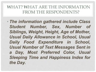 WHAT? WHAT ARE THE INFORMATION
FROM THE RESPONDENTS?
• The information gathered include Class
Student Number, Sex, Number of
Siblings, Weight, Height, Age of Mother,
Usual Daily Allowance in School, Usual
Daily Food Expenditure in School,
Usual Number of Text Messages Sent in
a Day, Most Preferred Color, Usual
Sleeping Time and Happiness Index for
the Day.
 