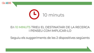 10 minuts
En 10 MINUTS TRIEU EL DESTINATARI DE LA RECERCA
I PENSEU COM IMPLICAR-LO
Seguiu els suggeriments de les 2 dispositives següents
 