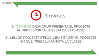 3 minuts
En 3 MINUTS CADA GRUP PRESENTA EL PROJECTE
AL PROFESSOR I A LA RESTA DE LA CLASSE.
EL MILLOR PROJECTE S’ESCOLLIRÀ PER SER EL PROJECTE
EN QUÈ TREBALLARÀ TOTA LA CLASSE
 