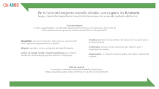 En funció del projecte escollit, dividiu-vos segons les funcions
(Vegeu també la dispositiva a la secció de deures per fer a casa de la pàgina del tema).
Cap de projecte
un bon organitzador i coordinador gestiona bé el temps i les persones, fa circular la
informació entre els grups de treball, els professors i l’equip ASOC
Storyteller: bon comunicador, selecciona la narració del
relat i gestiona la presentació al públic.
Bloguer: escriptor incisiu, produeix articles d’impacte.
Gestor de xarxes socials i relacions públiques: els mitjans
socials són el seu regne, genera atenció i implicació.
Analista: gestiona bé les dades i els texos com a suport per a
la comunicació.
Codificador: sempre troba solucions per obtenir, polir i
organitzar les dades.
Dissenyador: un mag del disseny gràfic, del vídeo i l’edició de
mitjans.
Cap de recerca
un autèntic cercador: descobreix detalls importants,
fa les preguntes justes, troba informació i la difon correctament.
 