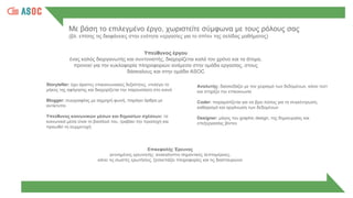 Με βάση το επιλεγμένο έργο, χωριστείτε σύμφωνα με τους ρόλους σας
(βλ. επίσης τις διαφάνειες στην ενότητα «εργασίες για το σπίτι» της σελίδας μαθήματος)
Υπεύθυνος έργου
ένας καλός διοργανωτής και συντονιστής, διαχειρίζεται καλά τον χρόνο και τα άτομα,
προνοεί για την κυκλοφορία πληροφοριών ανάμεσα στην ομάδα εργασίας, στους
δάσκαλους και στην ομάδα ASOC
Storyteller: έχει άριστες επικοινωνιακές δεξιότητες, επιλέγει το
μήκος της αφήγησης και διαχειρίζεται την παρουσίαση στο κοινό
Blogger: συγγραφέας με αιχμηρή φωνή, παράγει άρθρα με
αντίκτυπο
Υπεύθυνος κοινωνικών μέσων και δημοσίων σχέσεων: τα
κοινωνικά μέσα είναι το βασίλειό του, τραβάει την προσοχή και
προωθεί τη συμμετοχή
Αναλυτής: διασκεδάζει με τον χειρισμό των δεδομένων, κάνει τεστ
και στηρίζει την επικοινωνία
Coder: πειραματίζεται για να βρει λύσεις για τη συγκέντρωση,
καθαρισμό και οργάνωση των δεδομένων
Designer: μάγος του graphic design, της δημιουργίας και
επεξεργασίας βίντεο
Επικεφαλής Έρευνας
γεννημένος ερευνητής: ανακαλύπτει σημαντικές λεπτομέρειες,
κάνει τις σωστές ερωτήσεις, ξεσκεπάζει πληροφορίες και τις διασταυρώνει
 