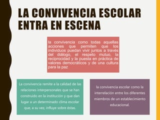 LA CONVIVENCIA ESCOLAR
ENTRA EN ESCENA
la convivencia como todas aquellas
acciones que permiten que los
individuos puedan vivir juntos a través
del diálogo, el respeto mutuo, la
reciprocidad y la puesta en práctica de
valores democráticos y de una cultura
para la paz
La convivencia remite a la calidad de las
relaciones interpersonales que se han
construido en la institución y que dan
lugar a un determinado clima escolar
que, a su vez, influye sobre éstas.
la convivencia escolar como la
interrelación entre los diferentes
miembros de un establecimiento
educacional.
 