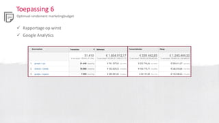 Toepassing 6
Optimaal rendement marketingbudget
 Rapportage op winst
 Google Analytics
 