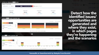 #seoaudits at #searchnorwich by @aleyda from @orainti
Detect how the
identified issues/
opportunities are
generated and
where they exist,  
in which pages
they’re happening
and the scenarios
SPECIFIC AREA PAGES CONTENT SIZE
NON-AREA PAGES CONTENT SIZE
ACTIVE VS. CRAWLED AREA PAGES
VS
 
