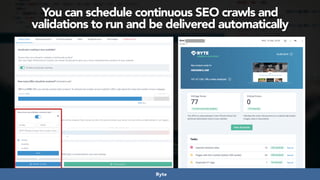 #seoaudits at #searchnorwich by @aleyda from @orainti
You can schedule continuous SEO crawls and  
validations to run and be delivered automatically
#seoaudits at #smxl19 by @aleyda from @oraintiRyte
 