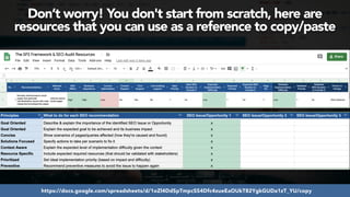 #seoaudits at #searchnorwich by @aleyda from @orainti
Don’t worry! You don't start from scratch, here are
resources that you can use as a reference to copy/paste
https://docs.google.com/spreadsheets/d/1oZl4DdSpTmpcSS4Dfc4zueEaOUkT82YgkGUDa1zT_YU/copy
 