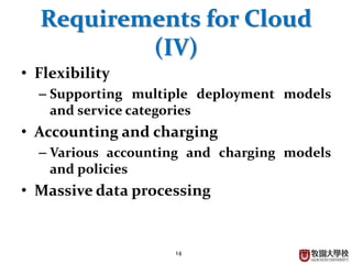 14
Requirements for Cloud
(IV)
• Flexibility
– Supporting multiple deployment models
and service categories
• Accounting and charging
– Various accounting and charging models
and policies
• Massive data processing
 
