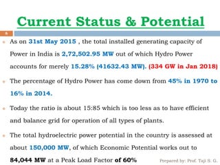 Current Status & Potential
Prepared by: Prof. Taji S. G.
6
 As on 31st May 2015 , the total installed generating capacity of
Power in India is 2,72,502.95 MW out of which Hydro Power
accounts for merely 15.28% (41632.43 MW). (334 GW in Jan 2018)
 The percentage of Hydro Power has come down from 45% in 1970 to
16% in 2014.
 Today the ratio is about 15:85 which is too less as to have efficient
and balance grid for operation of all types of plants.
 The total hydroelectric power potential in the country is assessed at
about 150,000 MW, of which Economic Potential works out to
84,044 MW at a Peak Load Factor of 60%
 