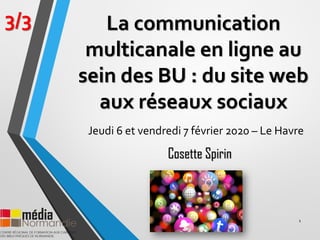 La communication
multicanale en ligne au
sein des BU : du site web
aux réseaux sociaux
Jeudi 6 et vendredi 7 février 2020 – Le Havre
1
3/3
Cosette Spirin
 