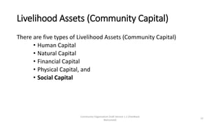 Livelihood Assets (Community Capital)
There are five types of Livelihood Assets (Community Capital)
• Human Capital
• Natural Capital
• Financial Capital
• Physical Capital, and
• Social Capital
Community Organization Draft Version 1.1 (Feedback
Welcomed)
12
 