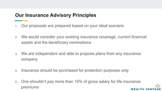 1. Our proposals are prepared based on your ideal scenario
2. We would consider your existing insurance coverage, current financial
assets and the beneficiary nominations
3. We are independent and able to propose plans from any insurance
company
4. Insurance should be purchased for protection purposes only
5. One shouldn’t pay more than 15% of gross salary for life insurance
premiums
Our Insurance Advisory Principles
 