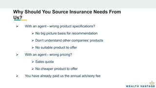Why Should You Source Insurance Needs From
Us?
 With an agent - wrong product specifications?
 No big picture basis for recommendation
 Don’t understand other companies’ products
 No suitable product to offer
 With an agent - wrong pricing?
 Sales quota
 No cheaper product to offer
 You have already paid us the annual advisory fee
 
