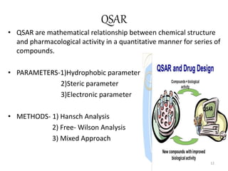 QSAR
• QSAR are mathematical relationship between chemical structure
and pharmacological activity in a quantitative manner for series of
compounds.
• PARAMETERS-1)Hydrophobic parameter
2)Steric parameter
3)Electronic parameter
• METHODS- 1) Hansch Analysis
2) Free- Wilson Analysis
3) Mixed Approach
12
 