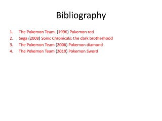 Bibliography
1. The Pokemon Team. (1996) Pokemon red
2. Sega (2008) Sonic Chronicals: the dark brotherhood
3. The Pokemon Team (2006) Pokemon diamond
4. The Pokemon Team (2019) Pokemon Sword
 