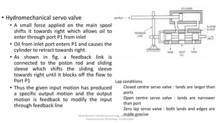 • Hydromechanical servo valve
• A small force applied on the main spool
shifts it towards right which allows oil to
enter through port P1 from inlet
• Oil from inlet port enters P1 and causes the
cylinder to retract towards right.
• As shown in fig. a feedback link is
connected to the piston rod and sliding
sleeve which shifts the sliding sleeve
towards right until it blocks off the flow to
Port P1
• Thus the given input motion has produced
a specific output motion and the output
motion is feedback to modify the input
through feedback line
Lap conditions
Closed centre servo valve : lands are larger than
ports
Open centre servo valve : lands are narrower
than port
Zero lap servo valve : both lands and edges are
made preciseDavid Blessley S AP/Mechanical Engg., Kamaraj College of
Engineering and Technology, Virudhunagar
 