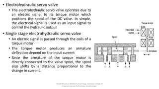 • Electrohydraulic servo valve
• The electrohydraulic servo valve operates due to
an electric signal to its torque motor which
positions the spool of the DC valve. In simple,
the electrical signal is used as an input signal to
control the hydraulic output
• Single stage electrohydraulic servo valve
• An electric signal is passed through the coils of a
torque motor
• The torque motor produces an armature
deflection depend on the input current
• Since the armature of the torque motor is
directly connected to the valve spool, the spool
also shifts by a distance proportional to the
change in current.
David Blessley S AP/Mechanical Engg., Kamaraj College of
Engineering and Technology, Virudhunagar
 