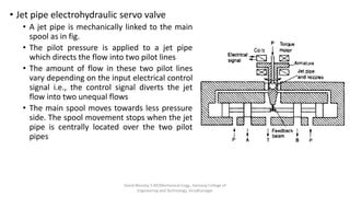 • Jet pipe electrohydraulic servo valve
• A jet pipe is mechanically linked to the main
spool as in fig.
• The pilot pressure is applied to a jet pipe
which directs the flow into two pilot lines
• The amount of flow in these two pilot lines
vary depending on the input electrical control
signal i.e., the control signal diverts the jet
flow into two unequal flows
• The main spool moves towards less pressure
side. The spool movement stops when the jet
pipe is centrally located over the two pilot
pipes
David Blessley S AP/Mechanical Engg., Kamaraj College of
Engineering and Technology, Virudhunagar
 