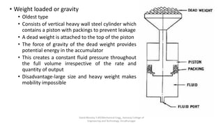 • Weight loaded or gravity
• Oldest type
• Consists of vertical heavy wall steel cylinder which
contains a piston with packings to prevent leakage
• A dead weight is attached to the top of the piston
• The force of gravity of the dead weight provides
potential energy in the accumulator
• This creates a constant fluid pressure throughout
the full volume irrespective of the rate and
quantity of output
• Disadvantage-large size and heavy weight makes
mobility impossible
David Blessley S AP/Mechanical Engg., Kamaraj College of
Engineering and Technology, Virudhunagar
 