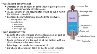 • Gas loaded accumulator
• Operates on the principle of boyle’s law of gases-pressure
of a gas varies inversely with its volume
• i.e., gas volume of the accumulator would be cut in half if
the pressure is doubled
• Gas loaded accumulators are classified into two types
• Non separator type
• Separator type
• Piston type
• Bladder type
• Diaphragm type
• Non separator type
• Consists of a fully enclosed shell containing an oil port at
the bottom and a charging valve on the top
• Gas is confined at the top and oil at the bottom with no
physical separator between them
• Advantage- can handle large volume of oil
• Drawback- absorption of gas in oil due to lack of seperator
David Blessley S AP/Mechanical Engg., Kamaraj College of
Engineering and Technology, Virudhunagar
 