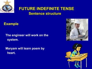 FUTURE INDEFINITE TENSE
Sentence structure
Example
The engineer will work on the
system.
Maryam will learn poem by
heart.
 