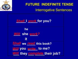 FUTURE INDEFINITE TENSE
_____I _____for you?
he
____ she ____
it
____ we _____ this book?
___ you _____ to me?
___ they ___ _____their job?
Shall work
Will work?
Will write
Interrogative Sentences
Will
Shall read
complete
 