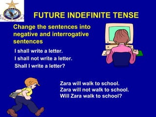 FUTURE INDEFINITE TENSE
I shall write a letter.
I shall not write a letter.
Shall I write a letter?
Change the sentences into
negative and interrogative
sentences
Zara will walk to school.
Zara will not walk to school.
Will Zara walk to school?
 