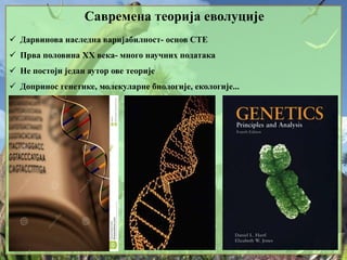 Савремена теорија еволуције
 Дарвинова наследна варијабилност- основ СТЕ
 Прва половина ХХ века- много научних података
 Не постоји један аутор ове теорије
 Допринос генетике, молекуларне биологије, екологије...
 