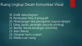 Ruang Lingkup Desain Komunikasi Visual
18. Grafik data/diagram
19. Pembuatan Peta (Cartografi)
20. Perancangan tata perwajahan (Layout design)
21. Uang, Ijazah, perangko (security printing)
22. Benda- benda kenangan (Gimmick)
23. Iklan Televisi
24. Desainer kartu ucapan
25. Media Luar ruang
 