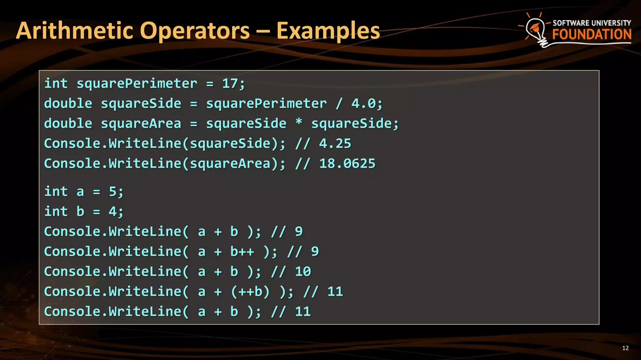 12
Arithmetic Operators – Examples
int squarePerimeter = 17;
double squareSide = squarePerimeter / 4.0;
double squareArea = squareSide * squareSide;
Console.WriteLine(squareSide); // 4.25
Console.WriteLine(squareArea); // 18.0625
int a = 5;
int b = 4;
Console.WriteLine( a + b ); // 9
Console.WriteLine( a + b++ ); // 9
Console.WriteLine( a + b ); // 10
Console.WriteLine( a + (++b) ); // 11
Console.WriteLine( a + b ); // 11
 