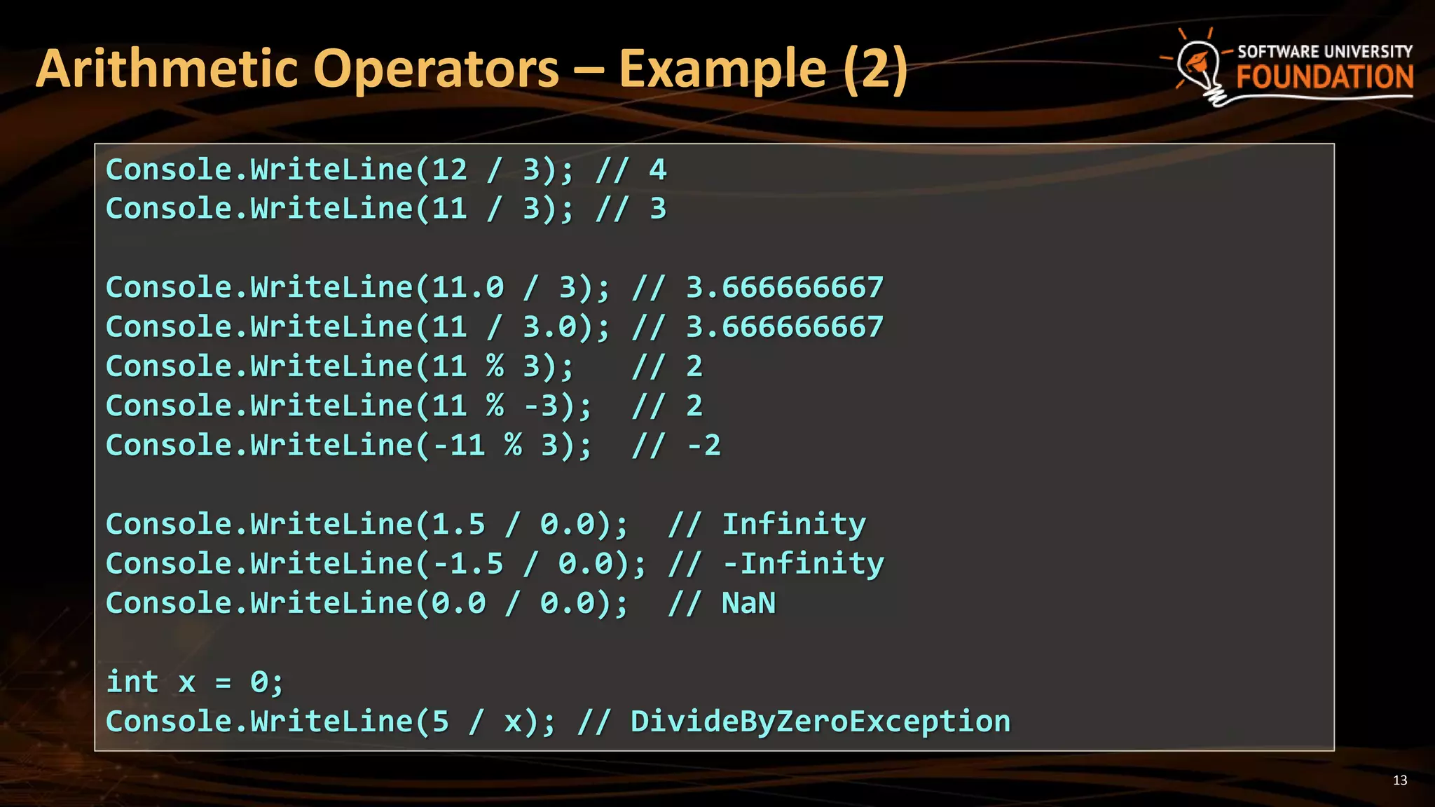 13
Arithmetic Operators – Example (2)
Console.WriteLine(12 / 3); // 4
Console.WriteLine(11 / 3); // 3
Console.WriteLine(11.0 / 3); // 3.666666667
Console.WriteLine(11 / 3.0); // 3.666666667
Console.WriteLine(11 % 3); // 2
Console.WriteLine(11 % -3); // 2
Console.WriteLine(-11 % 3); // -2
Console.WriteLine(1.5 / 0.0); // Infinity
Console.WriteLine(-1.5 / 0.0); // -Infinity
Console.WriteLine(0.0 / 0.0); // NaN
int x = 0;
Console.WriteLine(5 / x); // DivideByZeroException
 