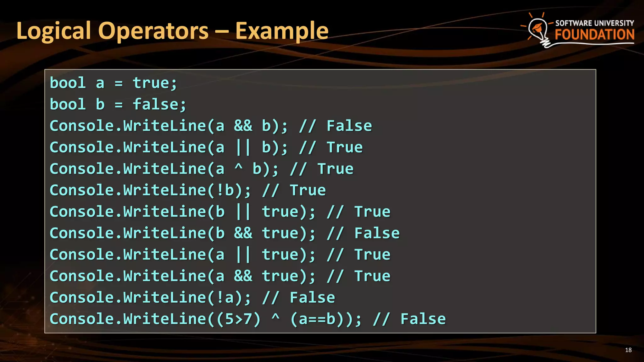 18
Logical Operators – Example
bool a = true;
bool b = false;
Console.WriteLine(a && b); // False
Console.WriteLine(a || b); // True
Console.WriteLine(a ^ b); // True
Console.WriteLine(!b); // True
Console.WriteLine(b || true); // True
Console.WriteLine(b && true); // False
Console.WriteLine(a || true); // True
Console.WriteLine(a && true); // True
Console.WriteLine(!a); // False
Console.WriteLine((5>7) ^ (a==b)); // False
 