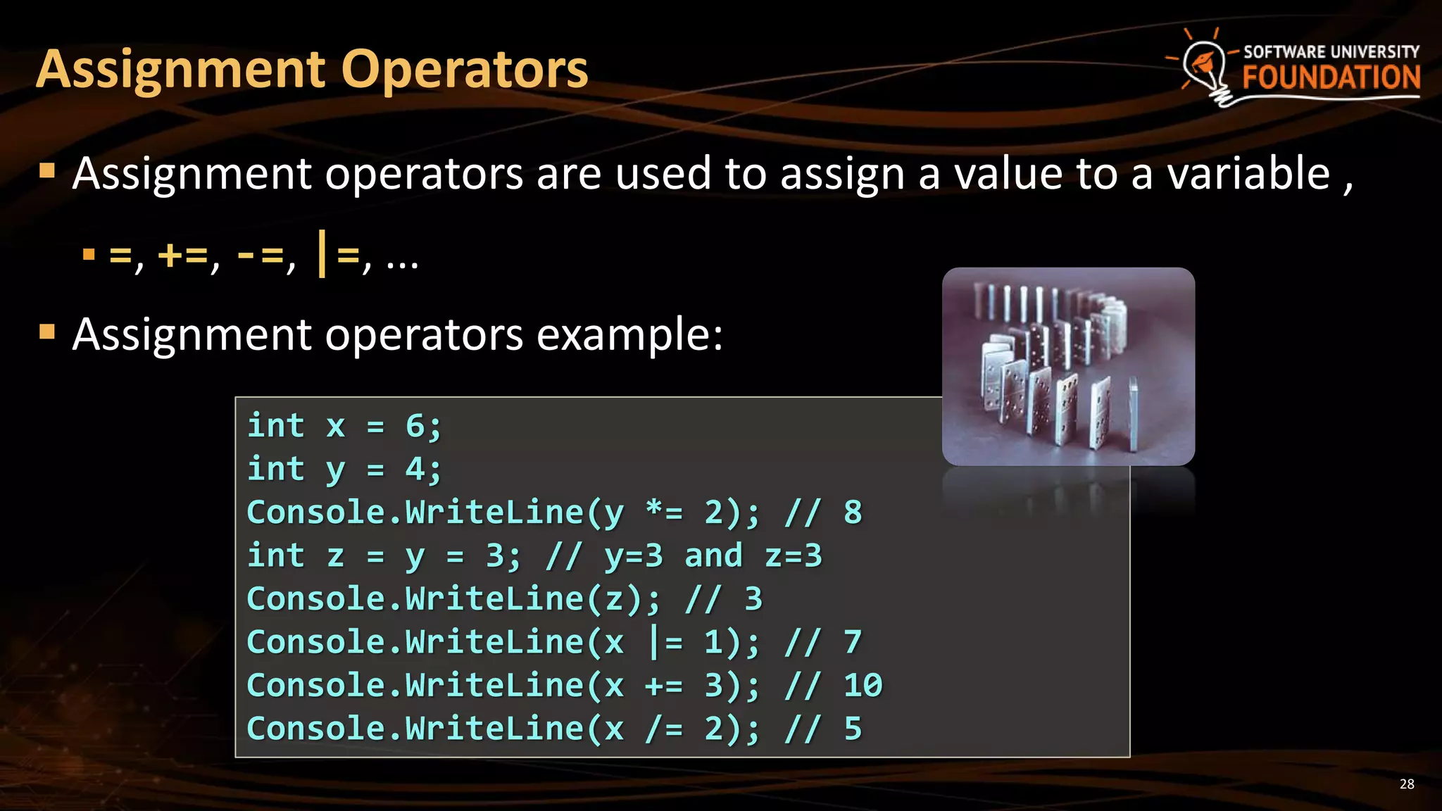 28
 Assignment operators are used to assign a value to a variable ,
 =, +=, -=, |=, ...
 Assignment operators example:
Assignment Operators
int x = 6;
int y = 4;
Console.WriteLine(y *= 2); // 8
int z = y = 3; // y=3 and z=3
Console.WriteLine(z); // 3
Console.WriteLine(x |= 1); // 7
Console.WriteLine(x += 3); // 10
Console.WriteLine(x /= 2); // 5
 