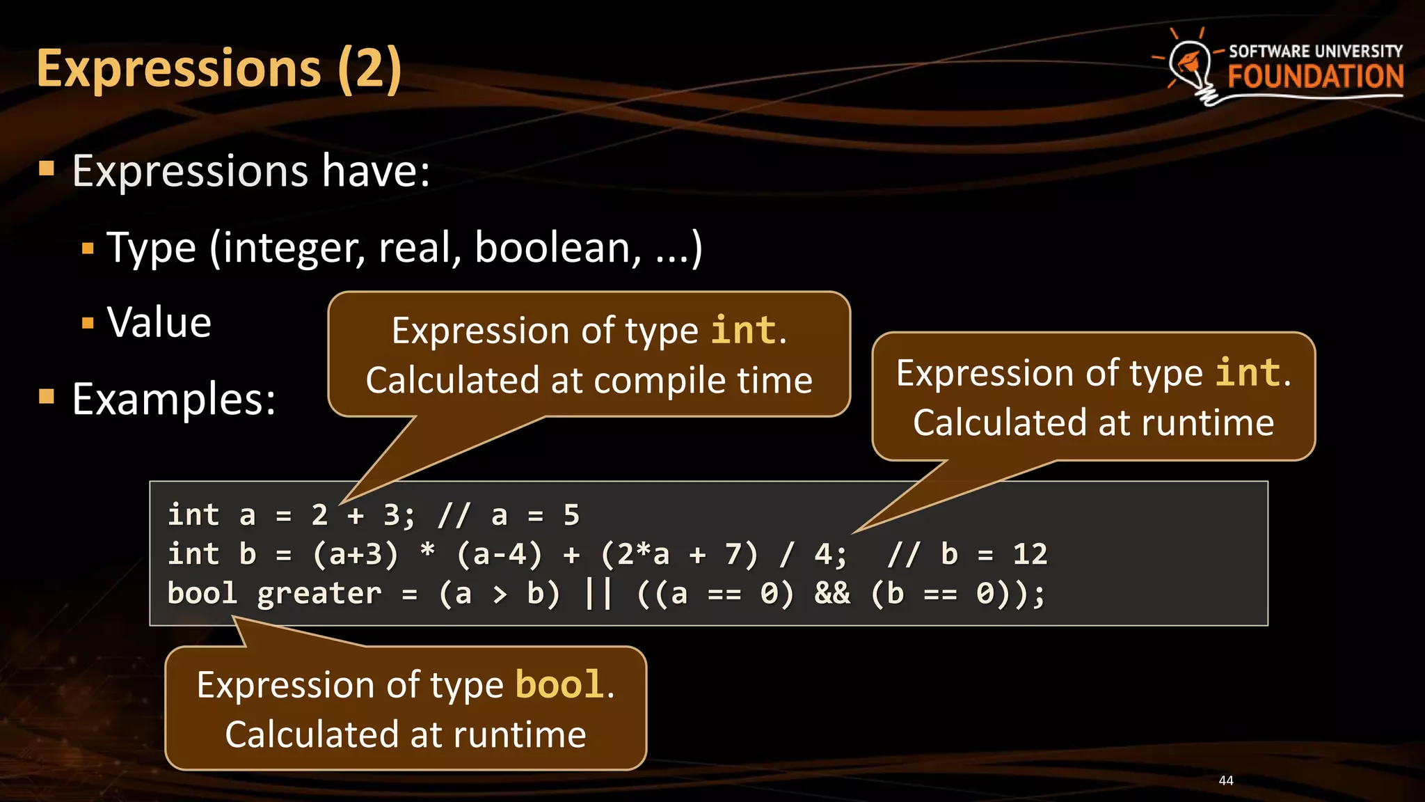 Expressions (2)
 Expressions have:
 Type (integer, real, boolean, ...)
 Value
 Examples:
44
int a = 2 + 3; // a = 5
int b = (a+3) * (a-4) + (2*a + 7) / 4; // b = 12
bool greater = (a > b) || ((a == 0) && (b == 0));
Expression of type int.
Calculated at compile time Expression of type int.
Calculated at runtime
Expression of type bool.
Calculated at runtime
 