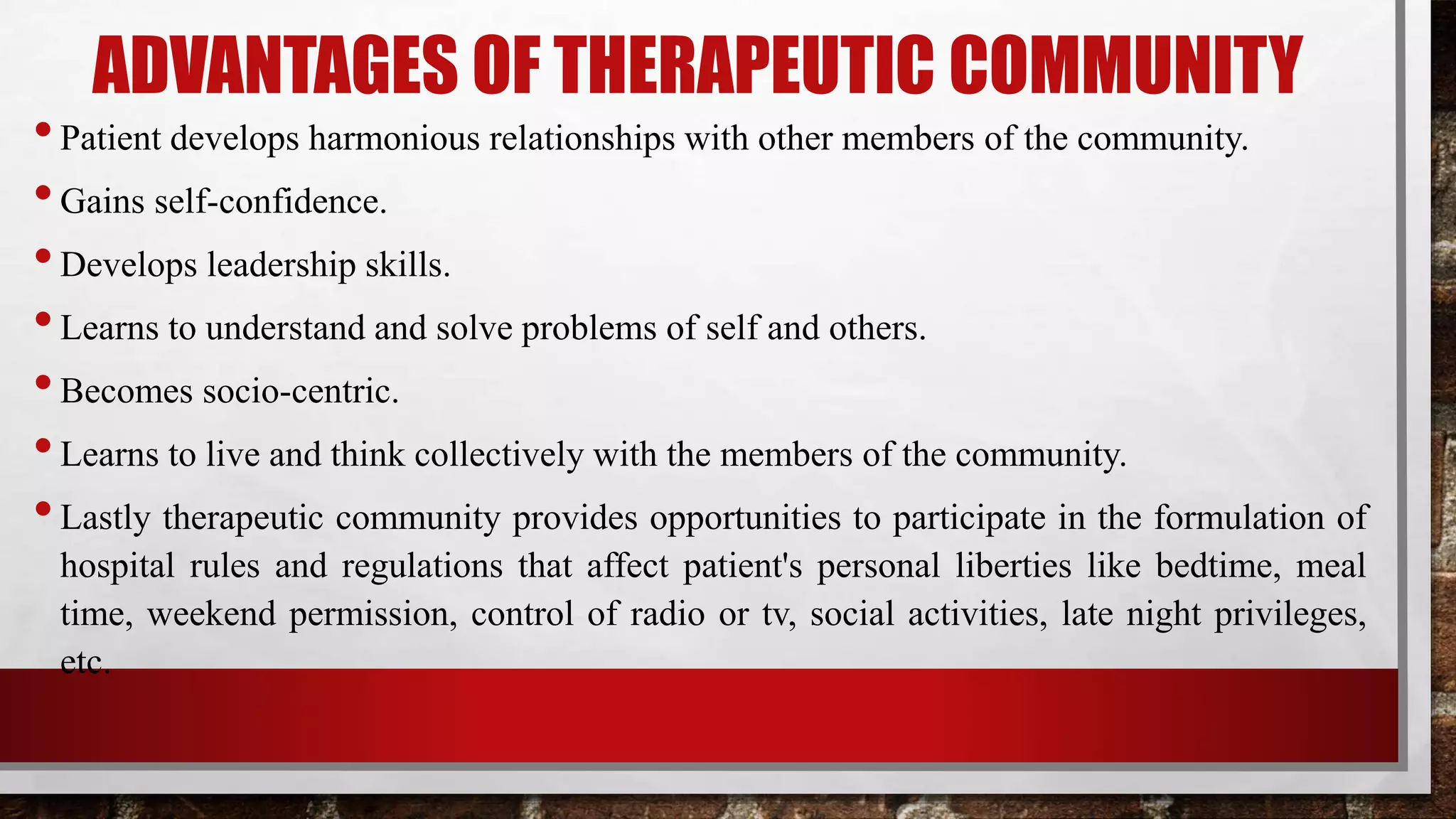 Therpaeutic community & Milieu therapy | PPTX