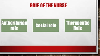 ROLE OF THE NURSE
Authoritarian
role
Social role
Therapeutic
Role
 