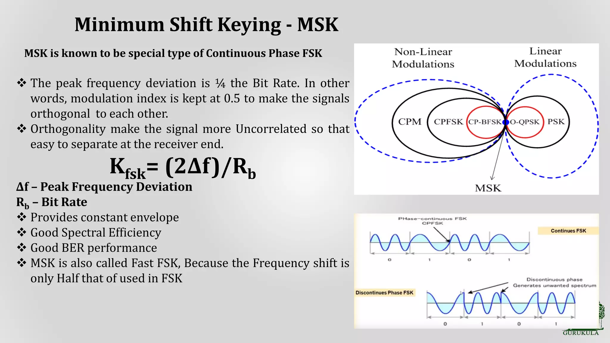 MSK is known to be special type of Continuous Phase FSK
The peak frequency deviation is ¼ the Bit Rate. In other
words, modulation index is kept at 0.5 to make the signals
orthogonal to each other.
Orthogonality make the signal more Uncorrelated so that
easy to separate at the receiver end.
Kfsk= (2Δf)/Rb
Δf – Peak Frequency Deviation
Rb – Bit Rate
Provides constant envelope
Good Spectral Efficiency
Good BER performance
MSK is also called Fast FSK, Because the Frequency shift is
only Half that of used in FSK
Minimum Shift Keying - MSK