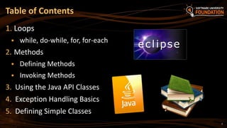 2
1. Loops
 while, do-while, for, for-each
2. Methods
 Defining Methods
 Invoking Methods
3. Using the Java API Classes...
