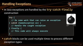 27
 In Java exceptions are handled by the try-catch-finally
construction
 catch blocks can be used multiple times to process different
exception types
Handling Exceptions
try {
// Do some work that can raise an exception
} catch (SomeException ex) {
// Handle the caught exception
} finally {
// This code will always execute
}
 